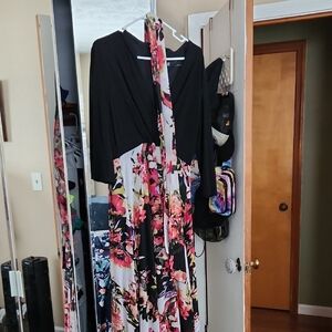 Leslie Fay Black and Pink Floral Long Sleeve Dress